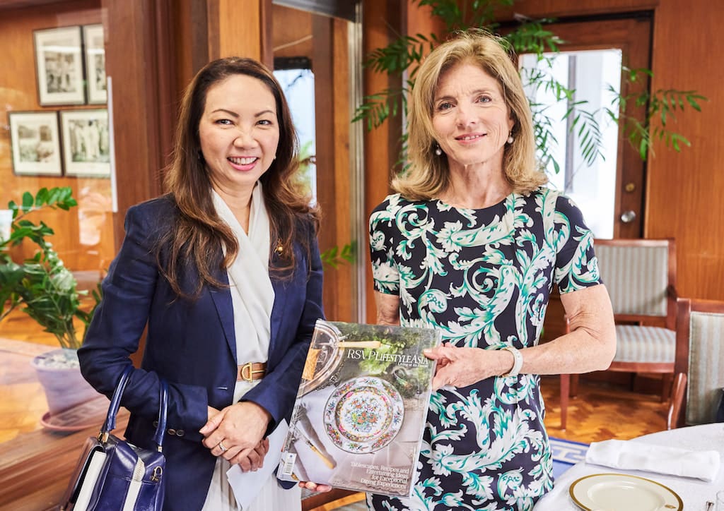 Lifestyle Asia Editor-in-Chief Anna Sobrepeña presents the latest edition of RSVP Lifestyle Asia coffee table book to Caroline Kennedy
