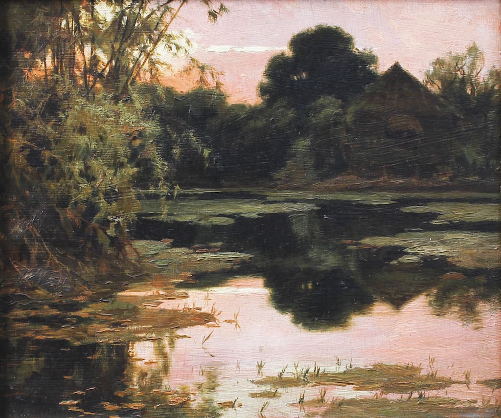 Fernando Amorsolo (1892 - 1972) Fishpond in Malabon signed and dated 1927 (lower left) oil on wood 13” x 16” (33 cm x 41 cm)