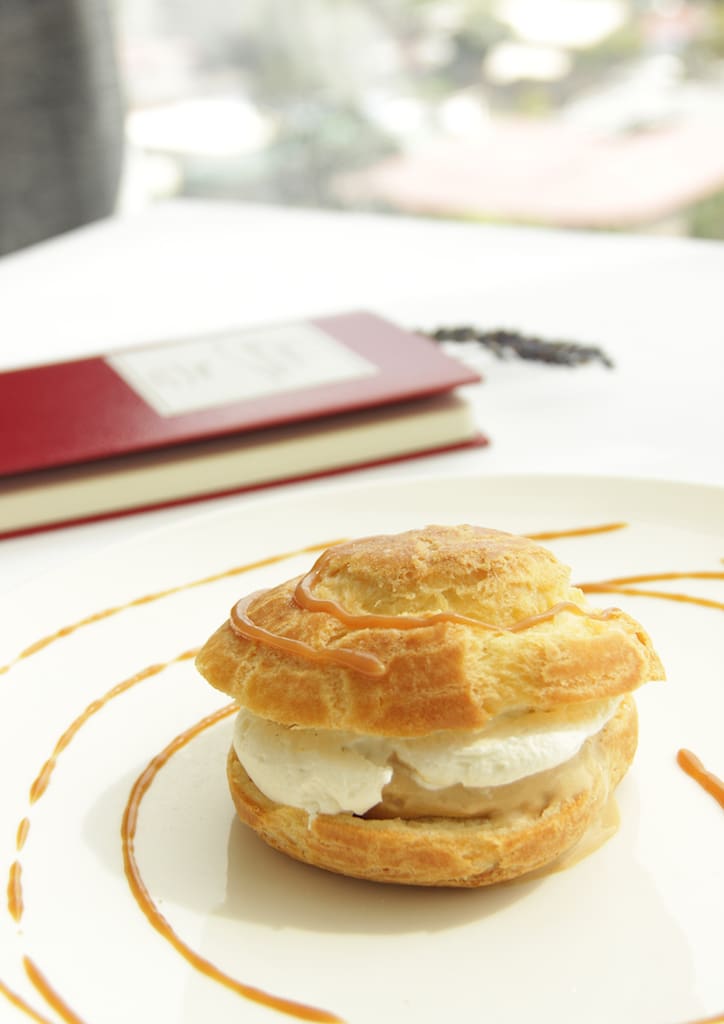 Cream puff, salted caramel ice cream, nougatine