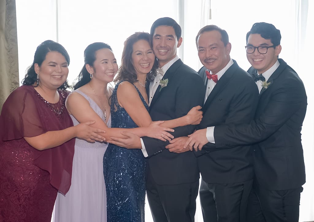 Groom with his immediate family, pre-wedding shot at hotel room in Sofitel (L-R) Michal Perez de Tagle; Sonsoles Perez de Tagle; Victoria Perez de Tagle; Gaston Perez de Tagle; Rafael Perez de Tagle, Jr.; Raphael Perez de Tagle