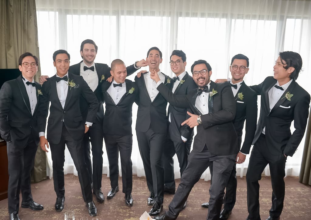 Groom with his groomsmen pre wedding at the Sofitel: (L-R) Atty. Jericho Tiu, Atty. Carlo Narvasa, Andres Ugarte, Atty. Norberto Geraldez, groom Gaston Perez de Tagle, Raphael Perez de Tagle, Javier Vargas, Kevin Te, and Manolito Ereneta