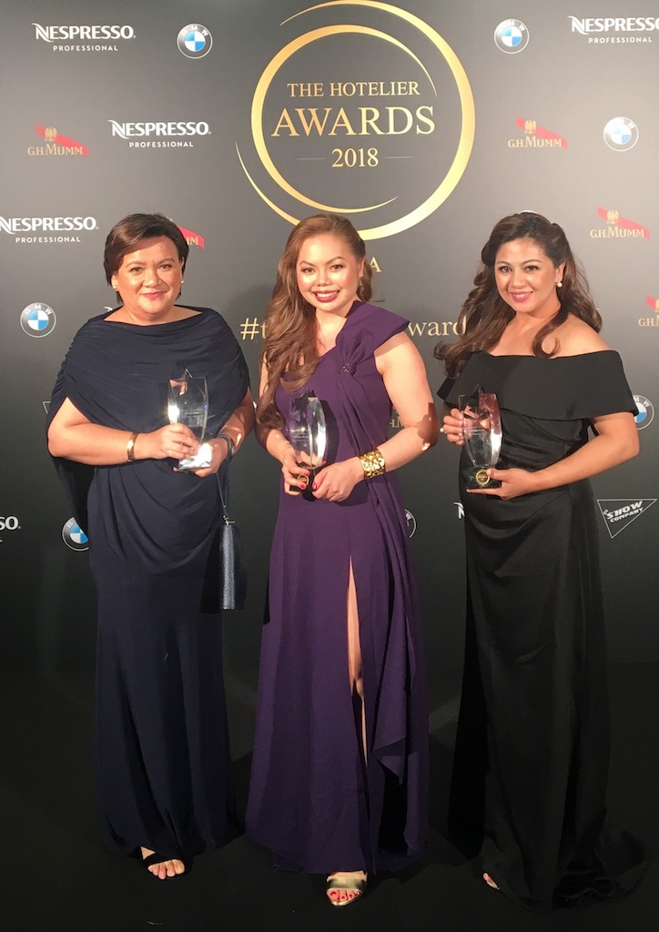 Shirley Sinlao, Finalist for Finance Hotelier representing Robert Viana, Concierge Hotelier of the Year,  Yasmine Hidalgo, PR Director at Sofitel Philippine Plaza Manila awarded Marketing & Communications Hotelier of the Year, Larsey Guieb, Learning and Development Manager at Sofitel Philippine Plaza Manila won as Human Resources Hotelier of the Year,