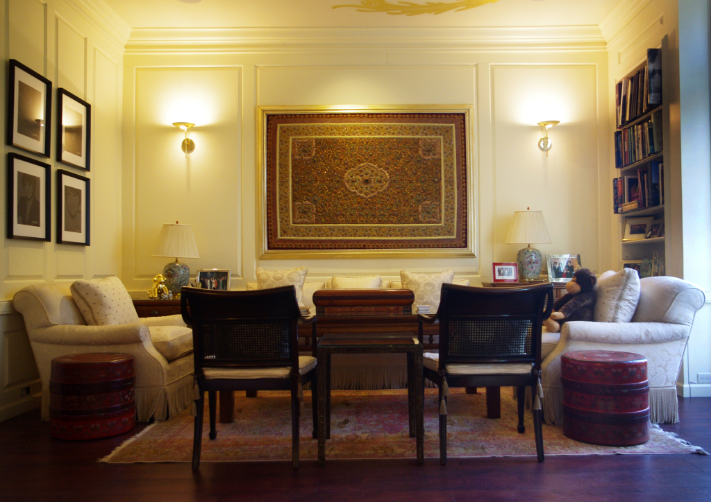 A tapestry from Kathmandu hangs on one wall of this room