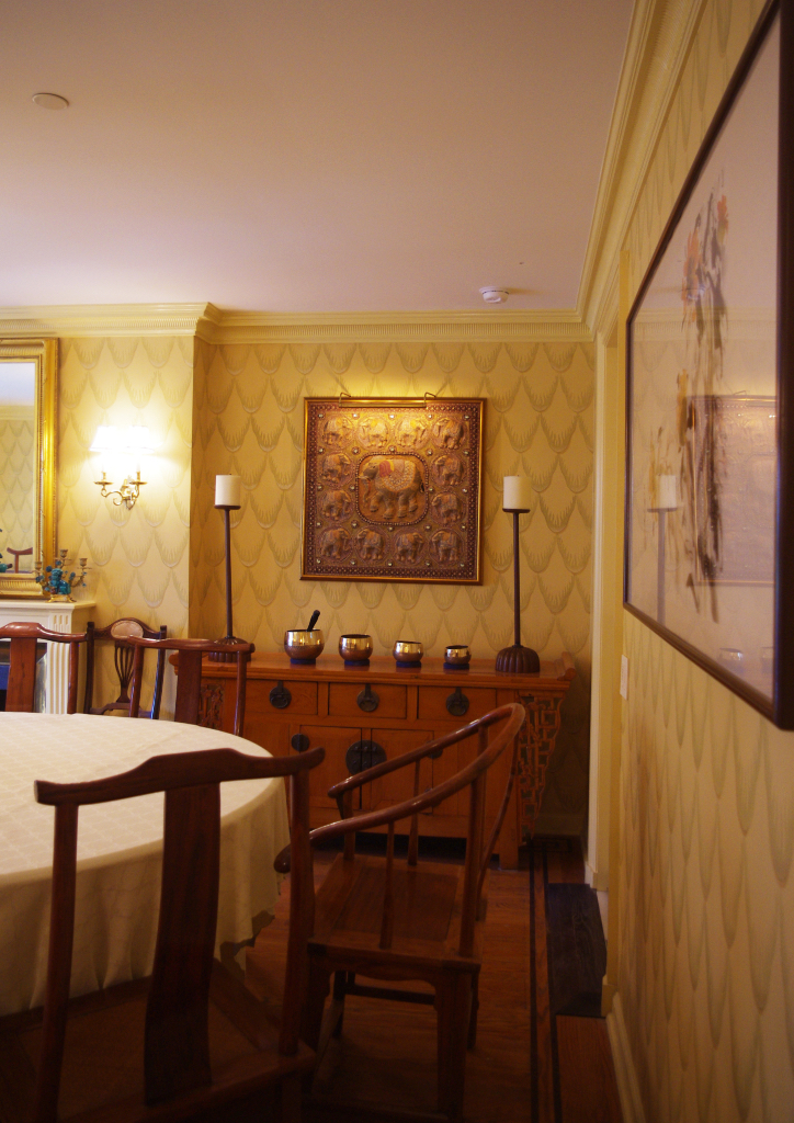 The antique console serves as the buffet table