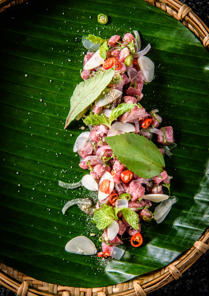 Raw wagyu beef salad, aloe vera, fresh herbs from our garden