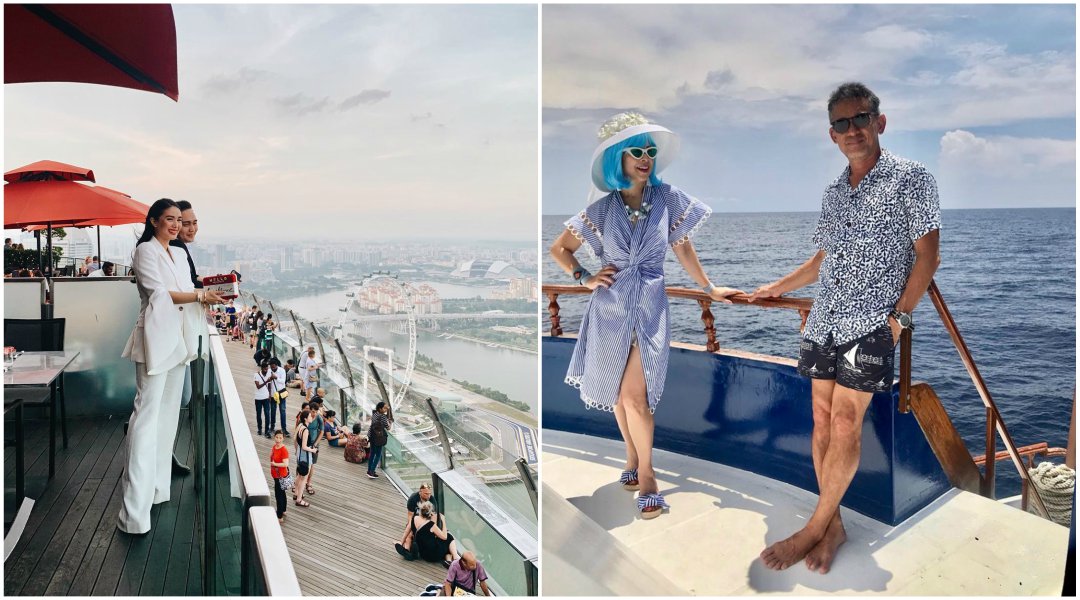Heart Ongpauco Escudero at a balcony and Tessa Valdes with Dennis Valdes at a yacht