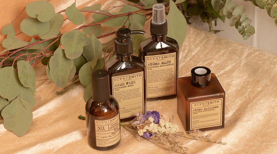 4 bottles of Scentsmith Perfumery perfume, aroma diffuser and mist, and hand wash