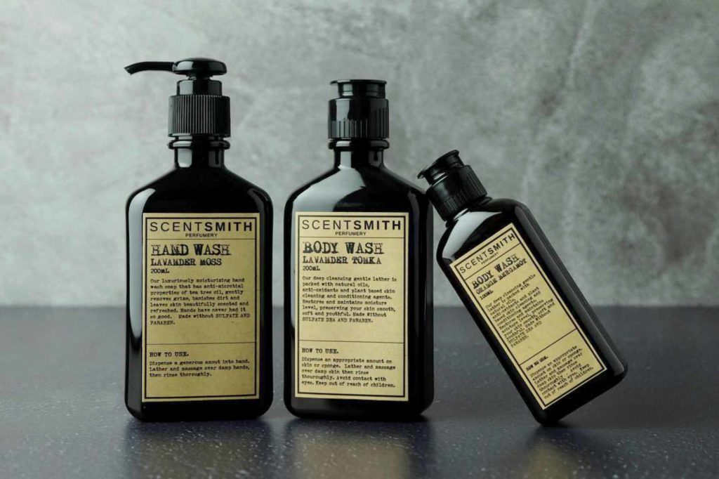 3 Scentsmith Perfumery hand wash and body wash bottles