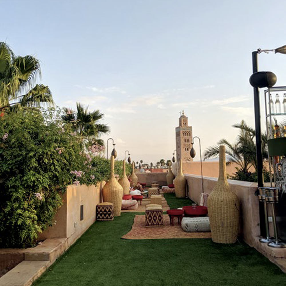 El Fenn rooftop with Koutoubia Mosque minaret view