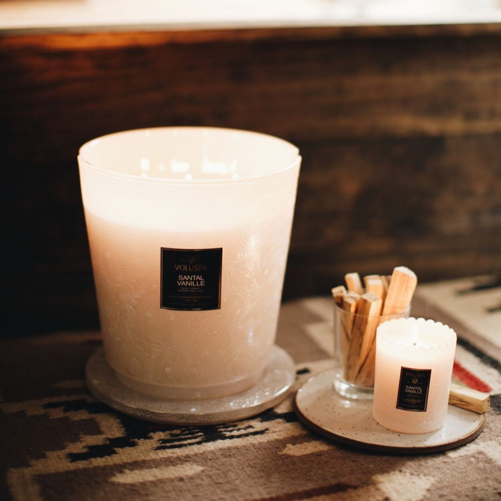 Voluspa Santal Vanille with warm Perique Tabac, Vanilla Husk, and Sandalwood