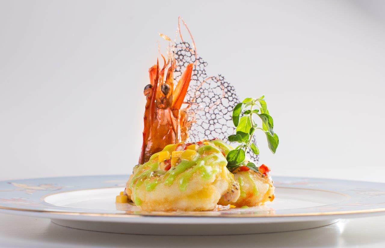 China Blue Conrad Manila's Crispy-Fried Shrimp with wasabi and mango salsa