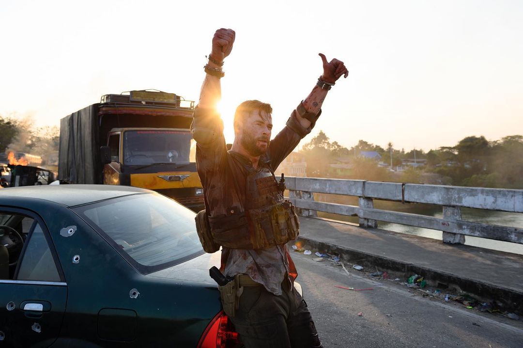 Hemsworth during the filming of the first "Extraction" movie