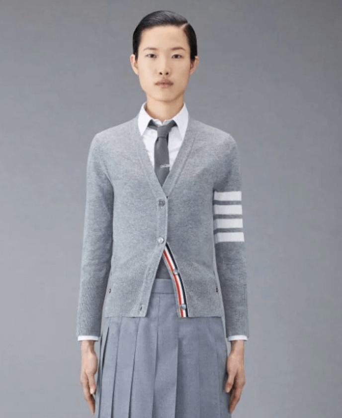 Light gray classic v-neck cardigan from Thom Browne