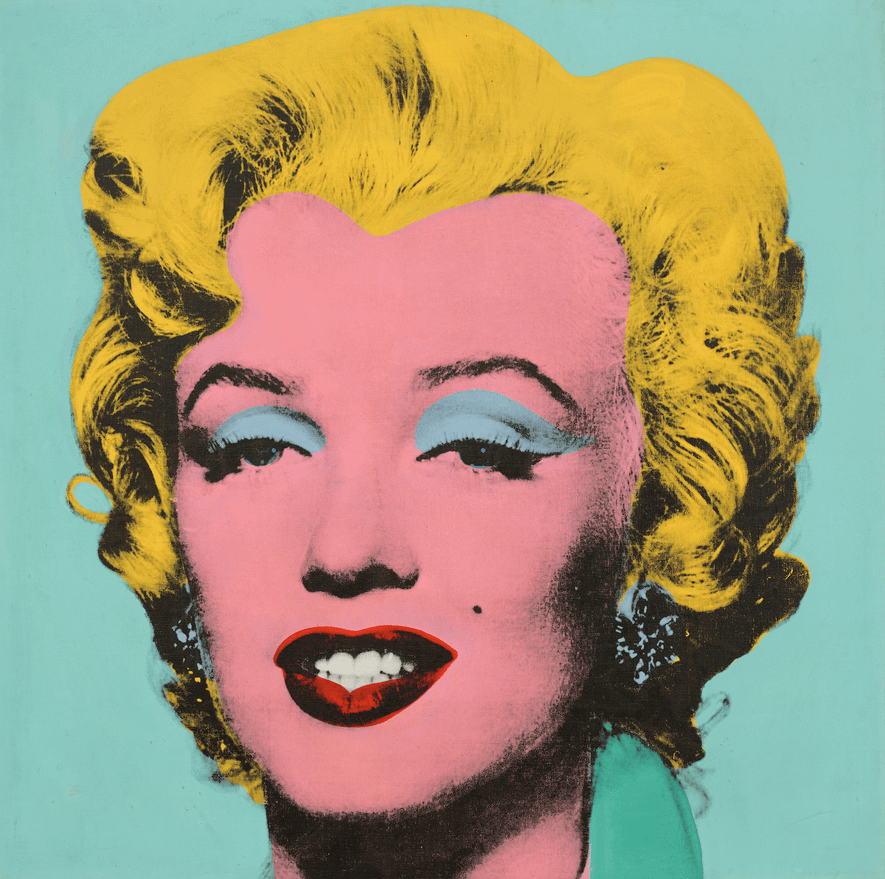 "Shot Sage Blue Marilyn" (40 x 40 in, silkscreen ink on linen)