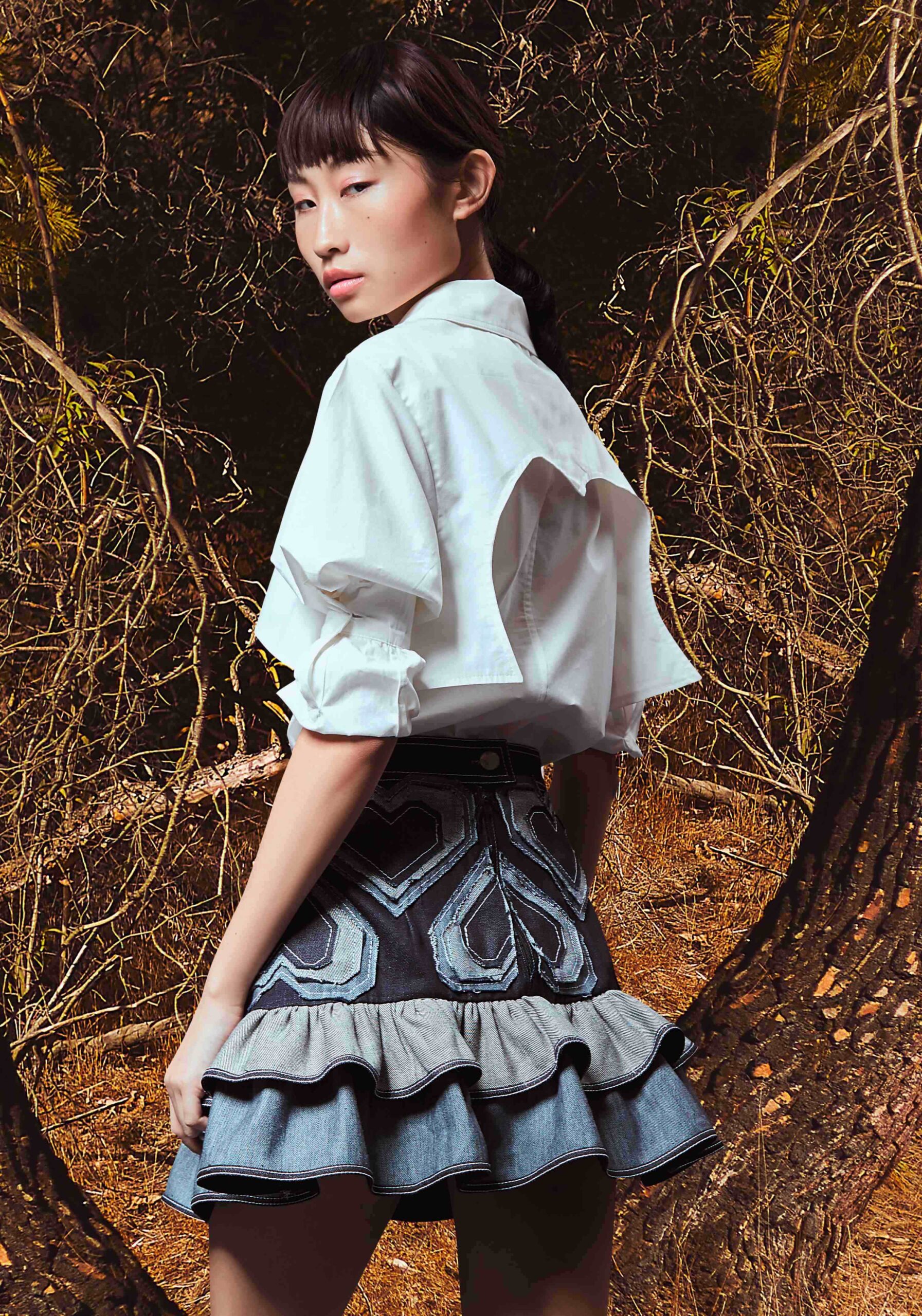 Recycled cotton poplin button down top and mixed raw denim skirt from Yong Davalos 2023 collection