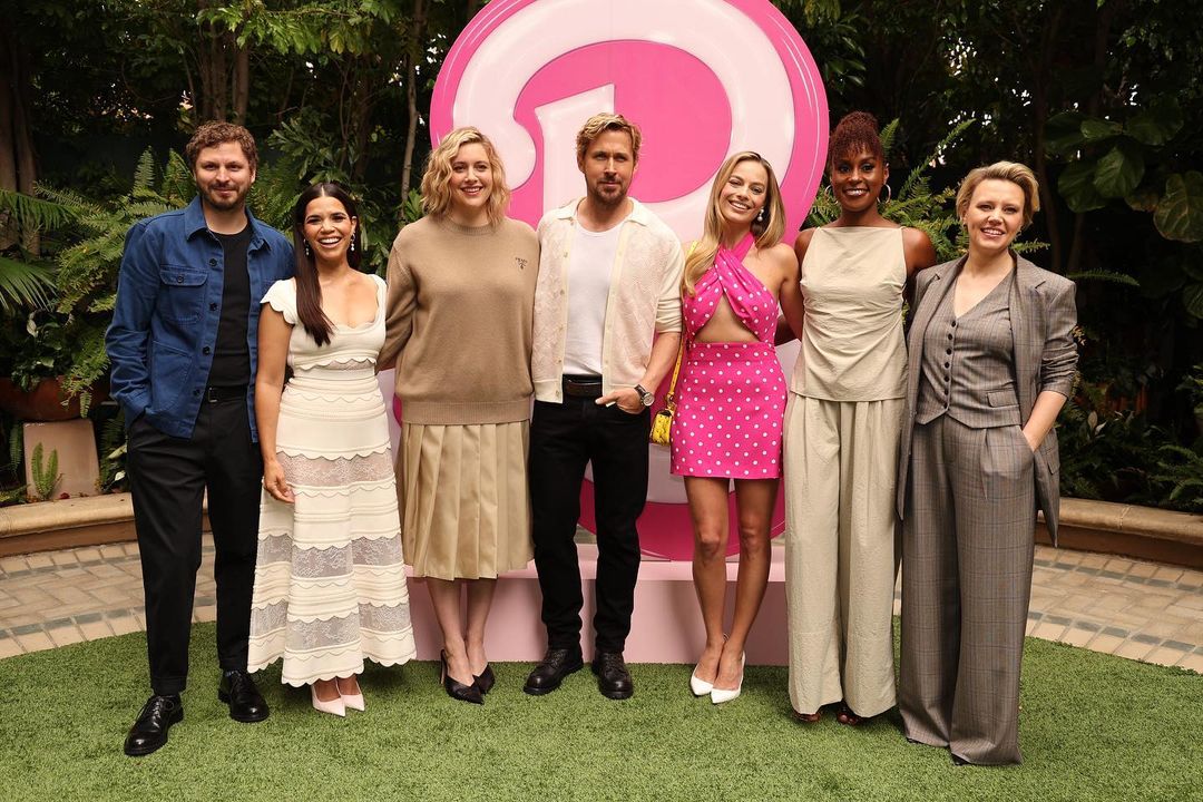 Greta Gerwig with the cast of Barbie