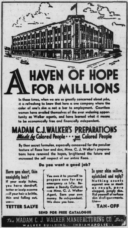 A news clipping about Walker's efforts to promote the livelihoods of Black people