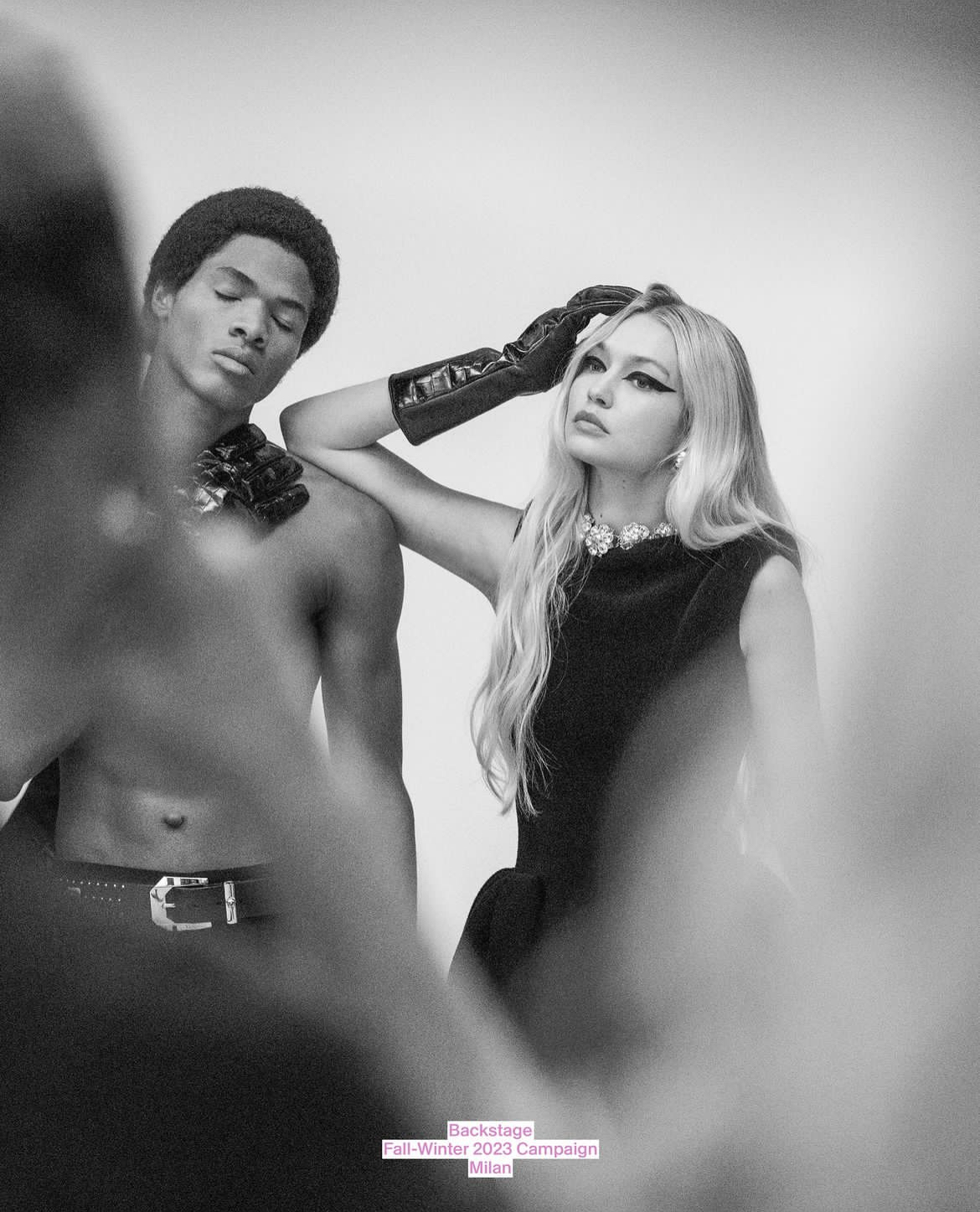 Gigi Hadid posing at the backstage of Fall/Winter 2023 Campaign in Milan.