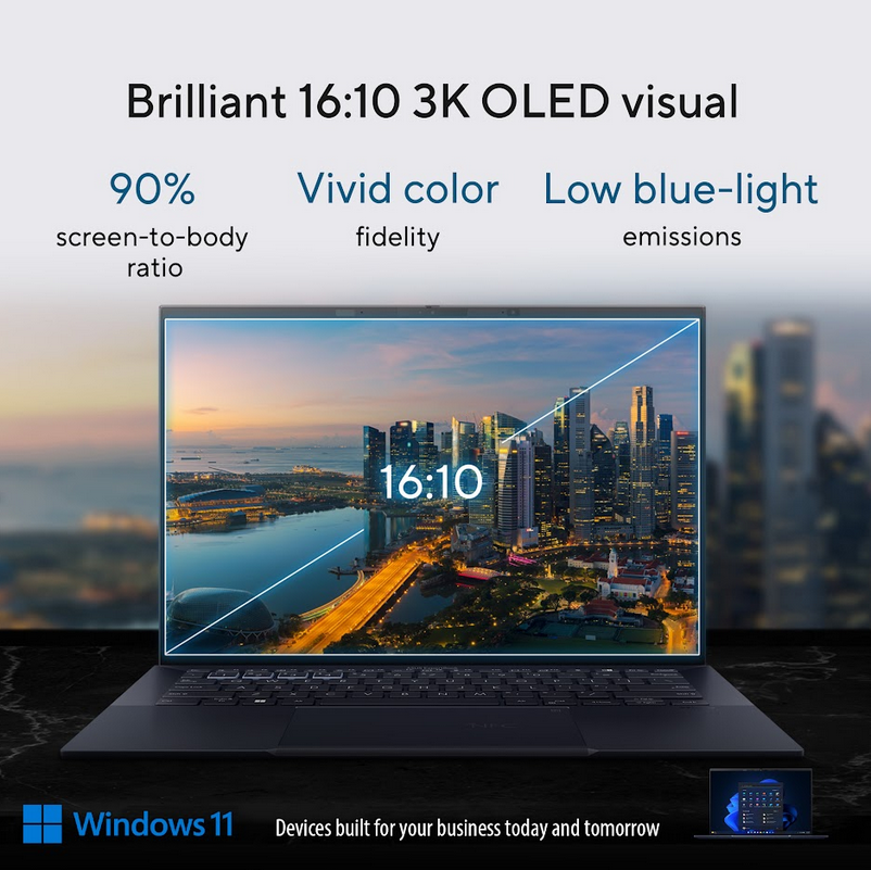 A 16:10 OLED display with vivid colors and low blue-light emissions provides an optimal viewing experience