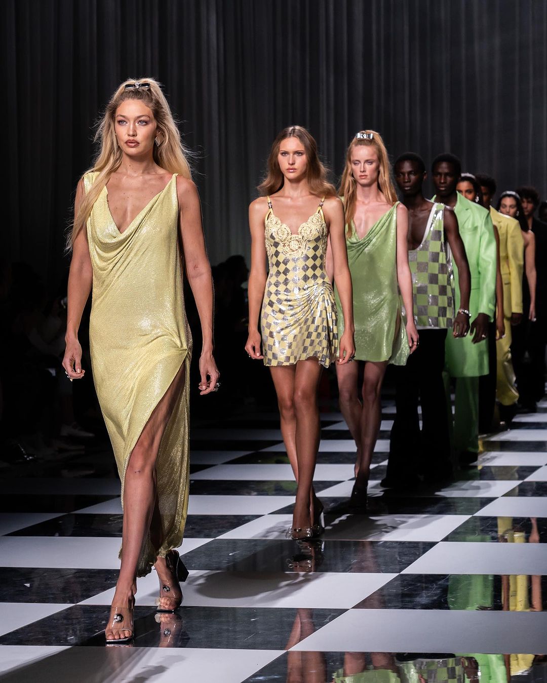 More glitzy and checkered outfits from Versace's collection