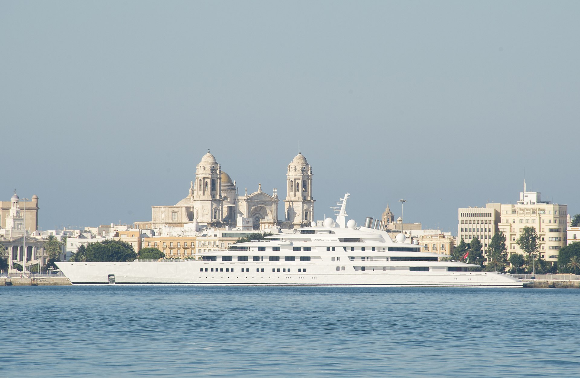 The Azzam superyacht docked in the port of Cádiz, Spain