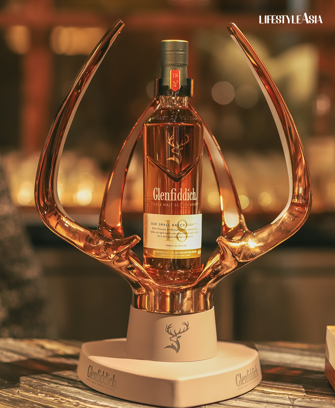 The Glenfiddich 18 Years on antler-shaped bottle holder