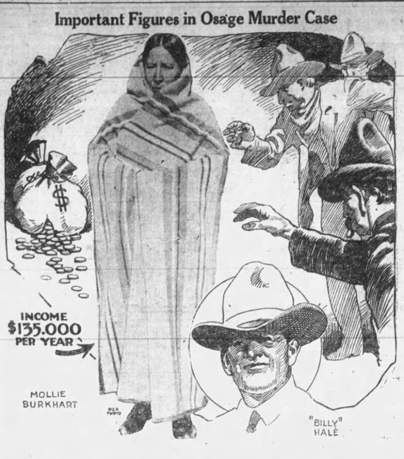A 1926 political cartoon depicting Mollie Kyle Burkhart at the center of the Reign of Terror