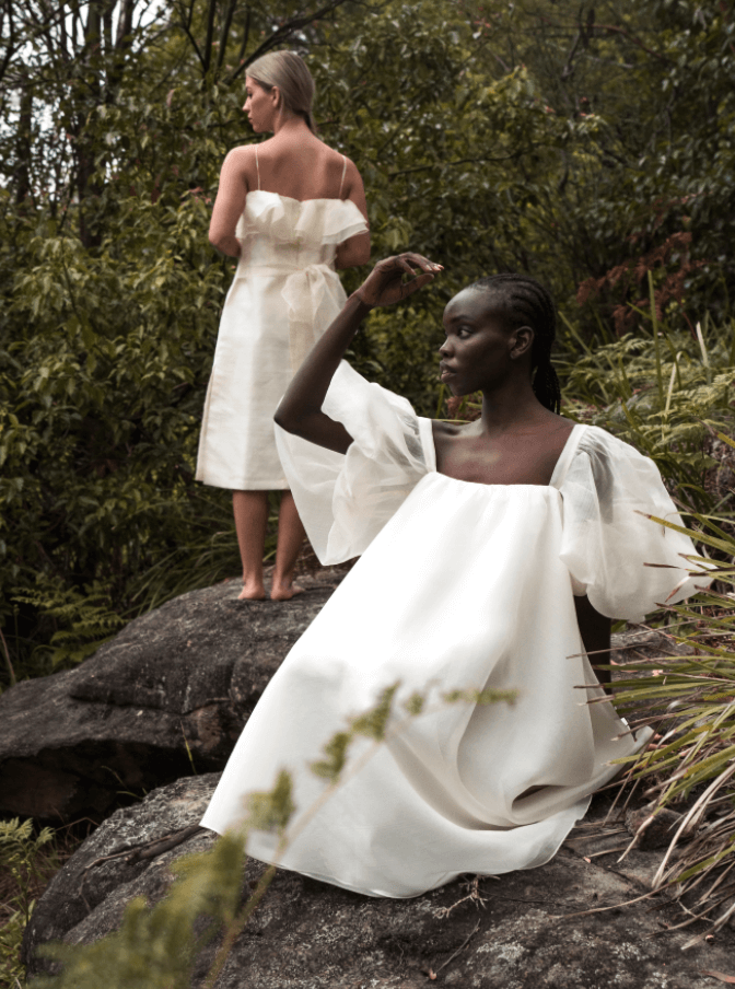 From left : Paula slip dress in organic handwoven piña; Mercedes maxi dress in organic handwoven silk cocoon, both by TRUDE LIZARES.