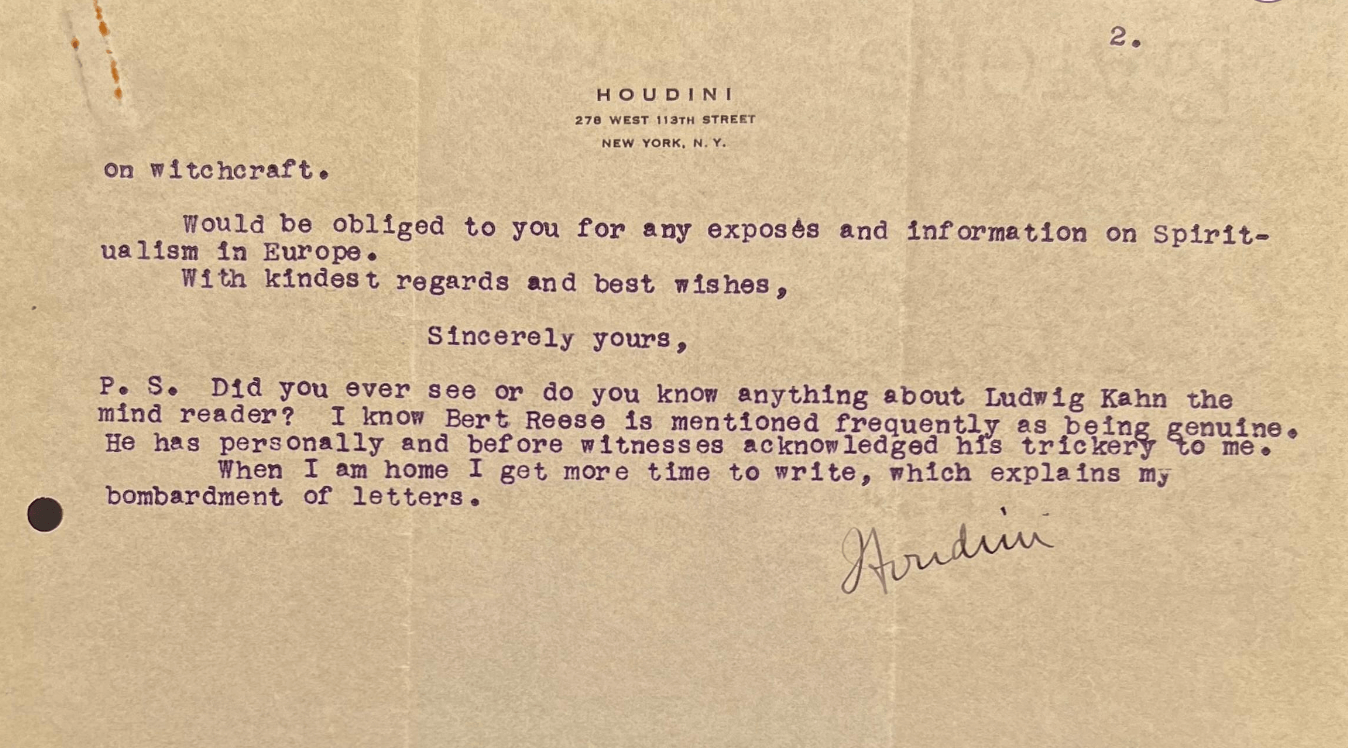 The second page of Harry Houdini’s letter with his signature