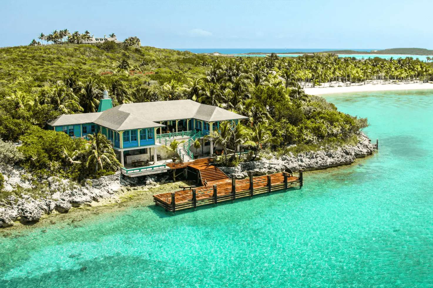 An aerial shot of Musha Cay in the Bahamas