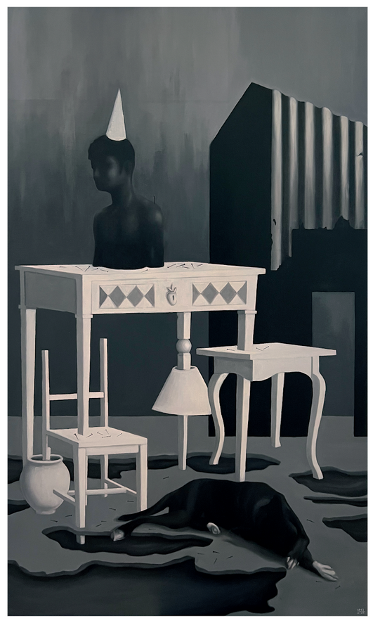 "Bonfires in the Attic" (oil on canvas, 60 x 36 inches)