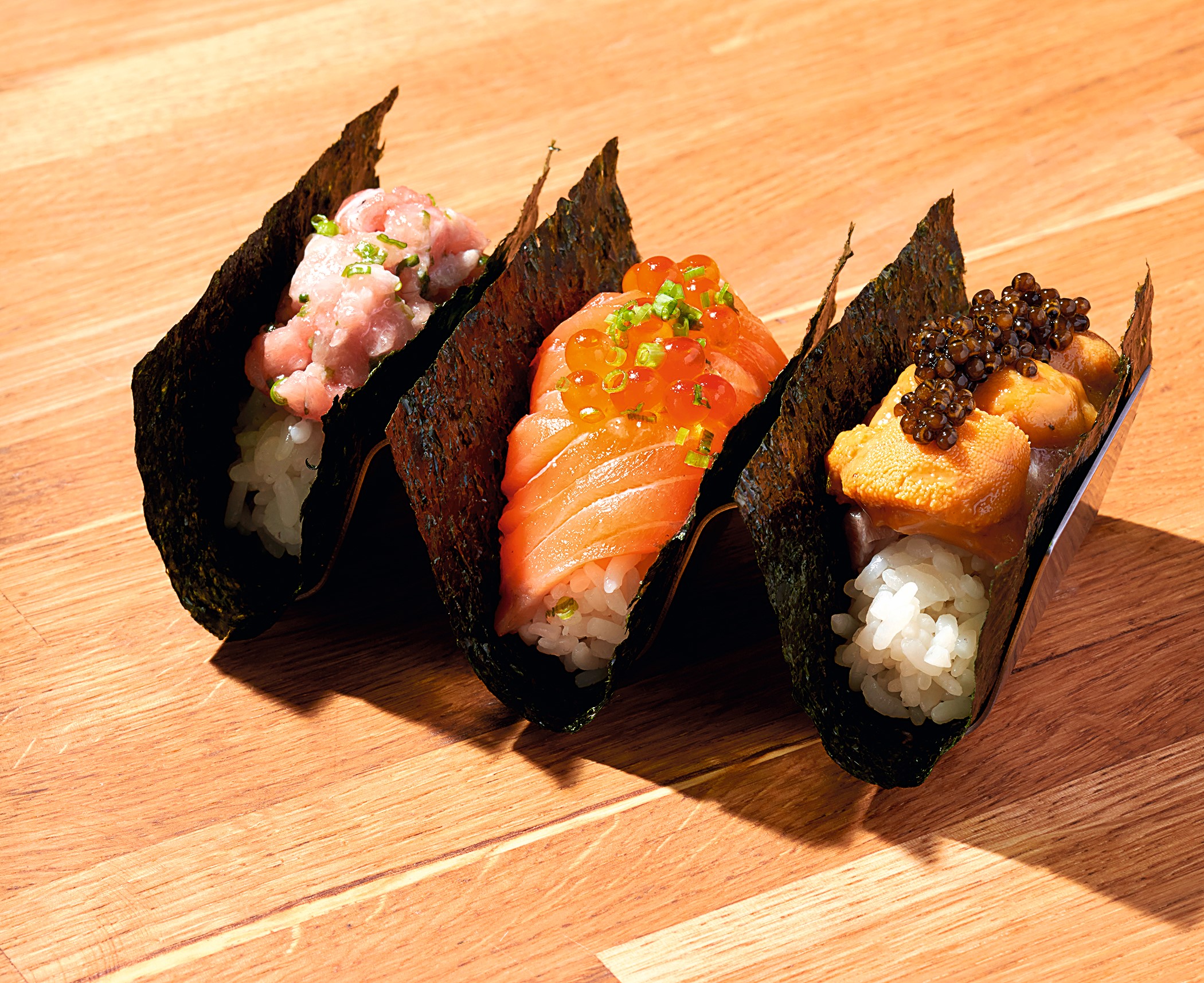 Negi toro, salmon ikura, and uni caviar temaki