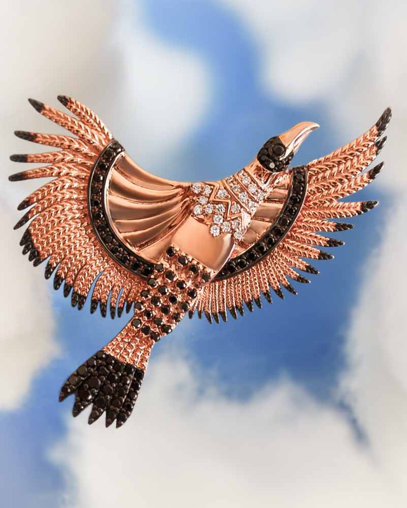 The Philippine Eagle Brooch in rose gold with black and white diamonds