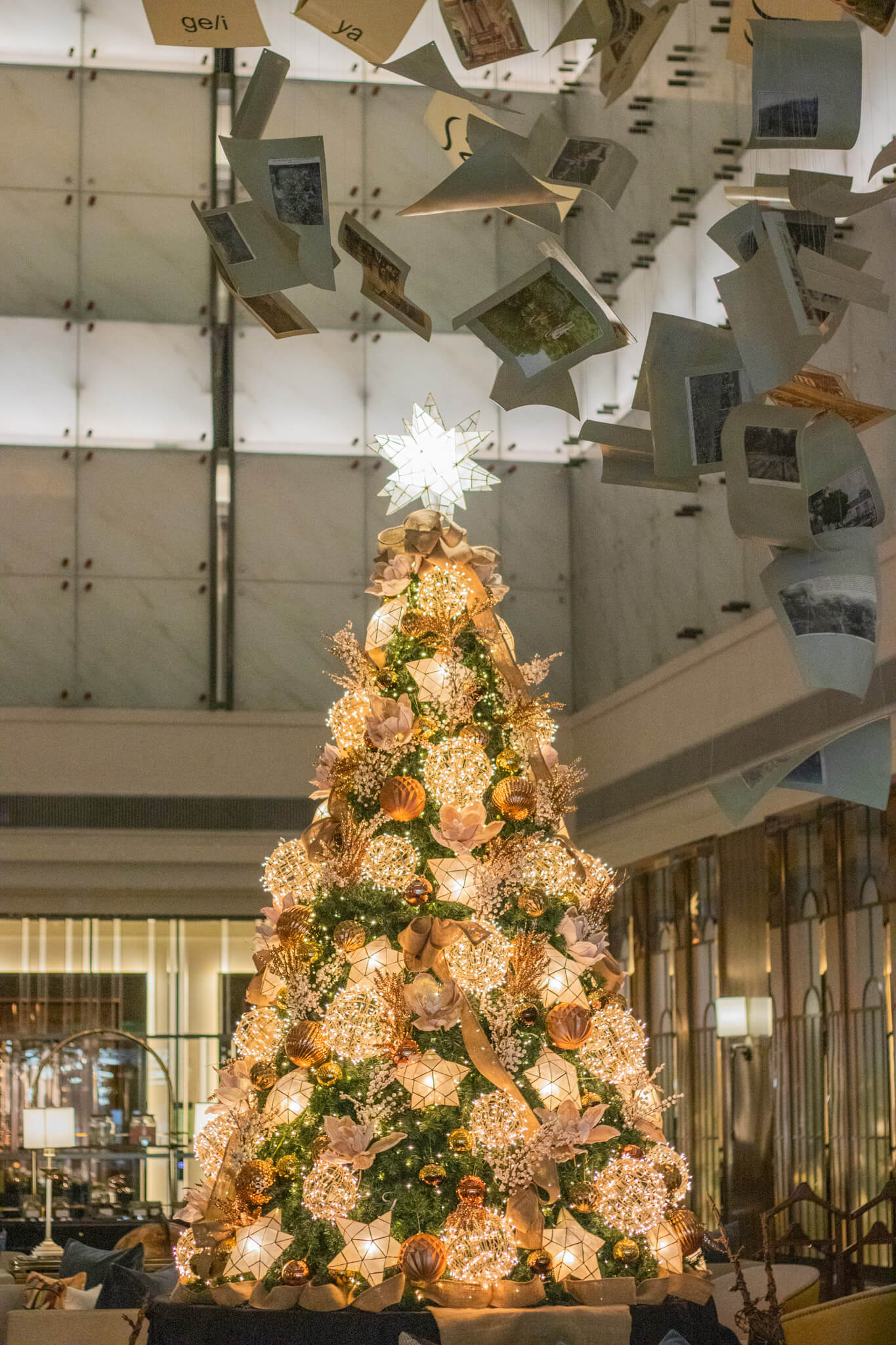 Admiral Hotel's Christmas Tree under its flying paper art installation, "Las Paginas de la Historia"