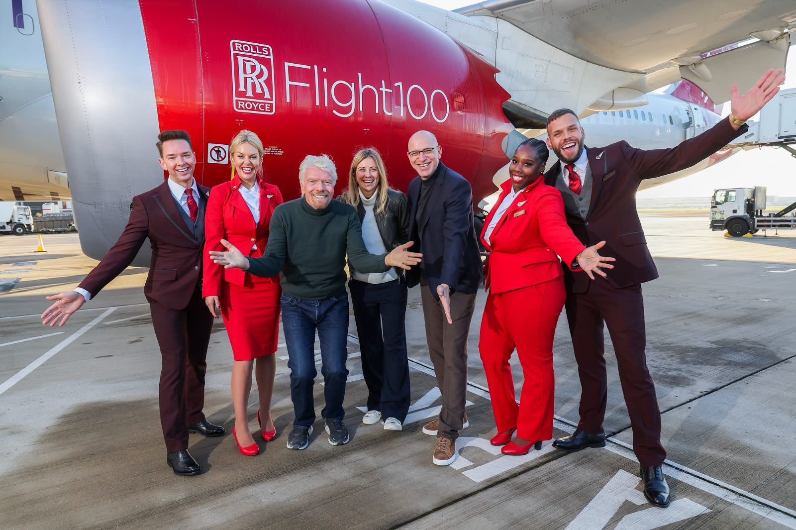 Billionaire and Virgin Atlantic founder Sir Richard Branson (third from the left) with the crew of Flight100