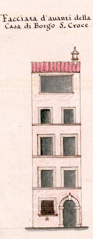 An old illustration showing a towering home with a built-in wine window