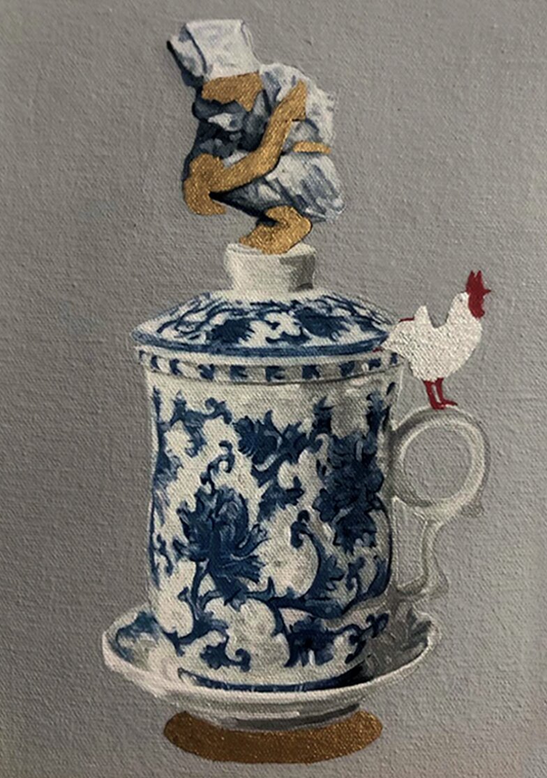 Josue Mangrobang’s "Morning Rituals" (acrylic and gold leaf on canvas, 9 x 6.5 inches)