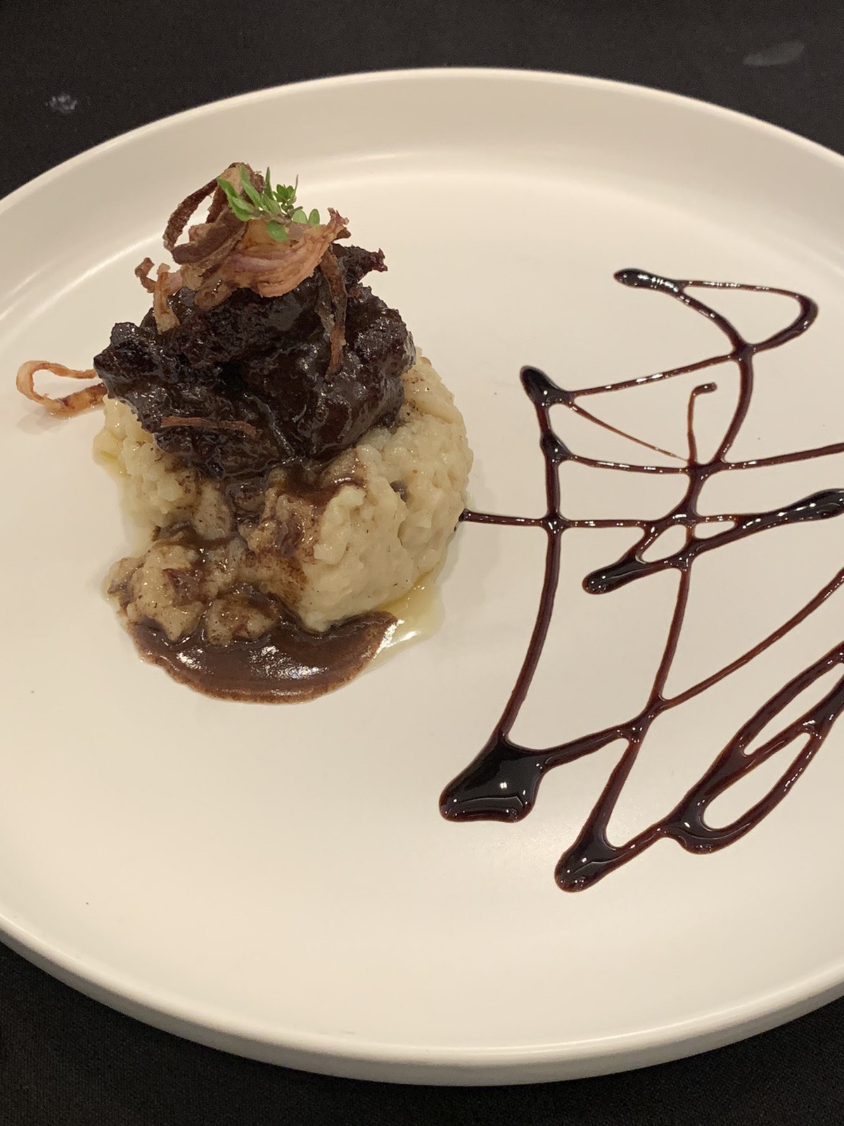 Beef Cheeks with Prune Red Wine with Wild Mushroom Risotto and Crisp Shallots