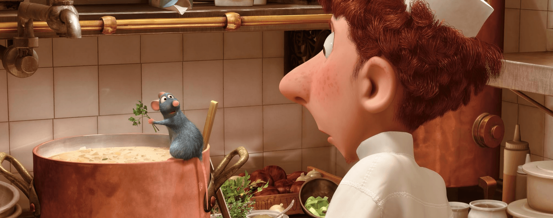Remy and Linguine form an unlikely culinary partnership in Pixar's "Ratatouille"