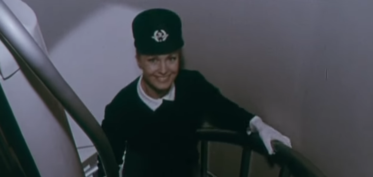 An Air France flight attendant wearing the Balenciaga uniform