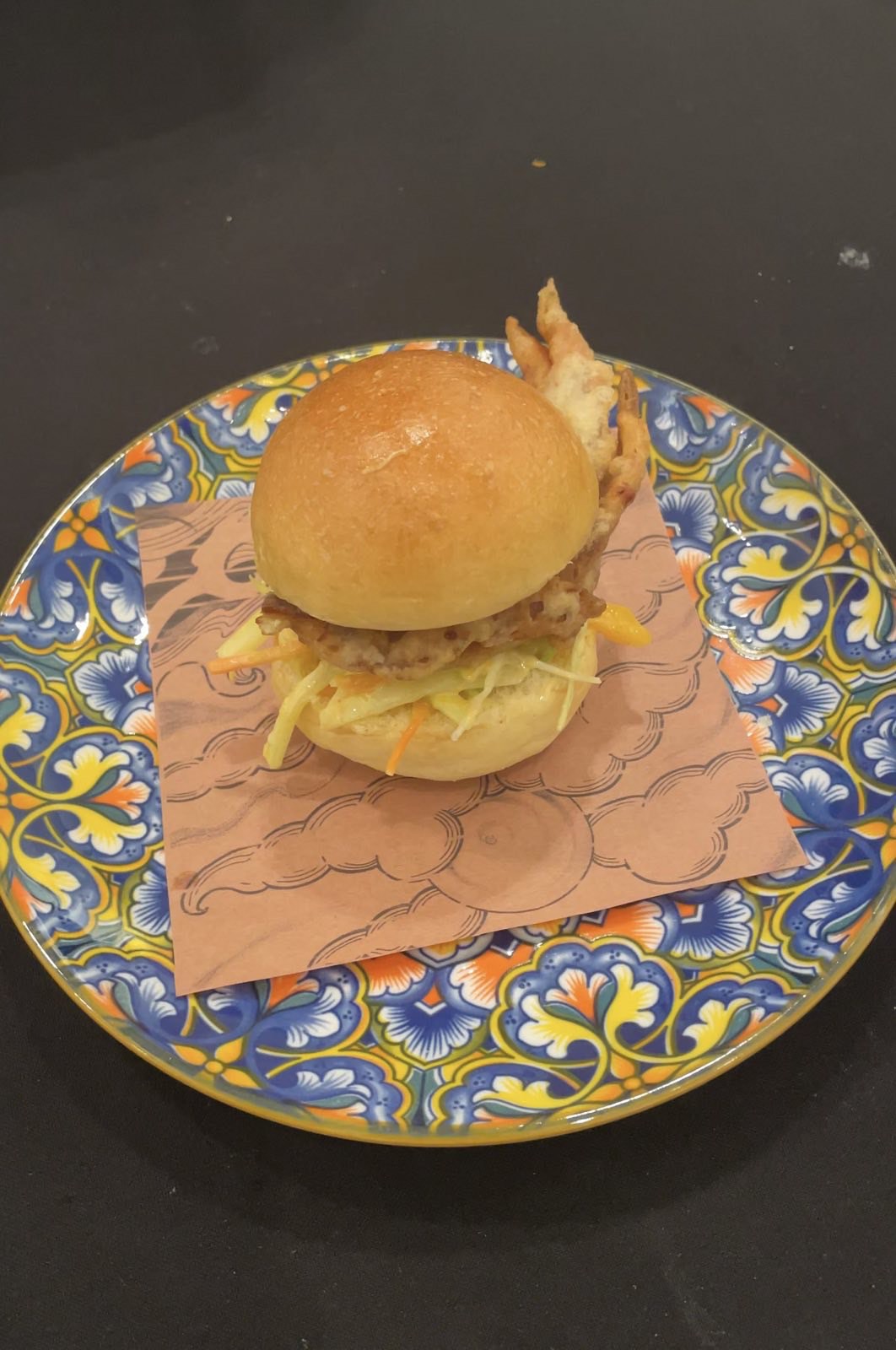 Soft Shell Crab Tempura Slider with Siracha Aioli and Cucumber Mango Relish