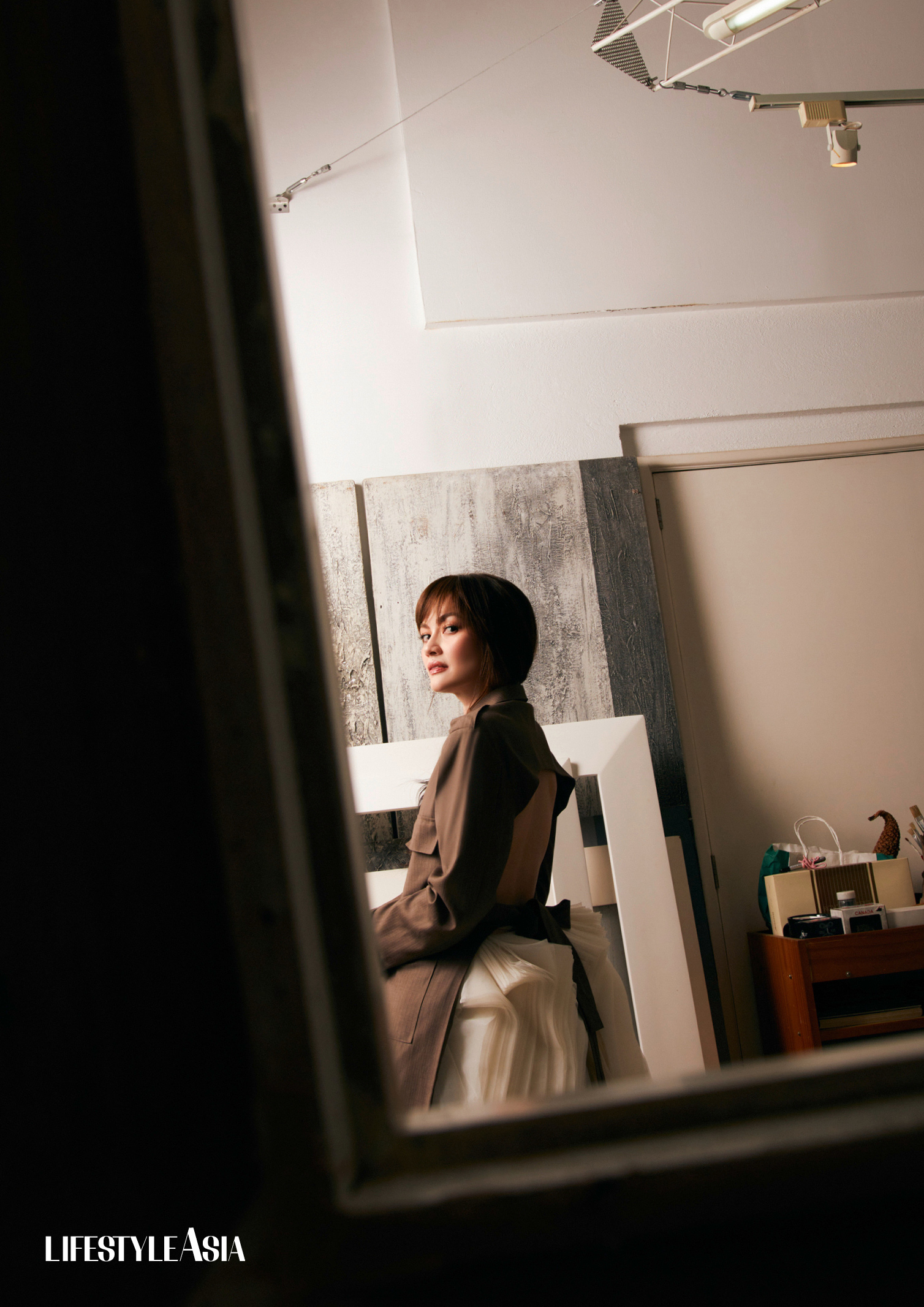 Taupe wool backless trench coat and Ivory silk organza book-leaf skirt, JOEY SAMSON