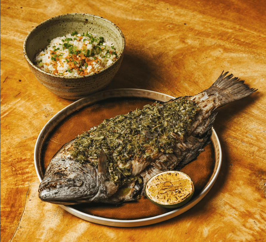LEFT: Local Tile Fish with Crispy Scales ; RIGHT: Pacific Halibut