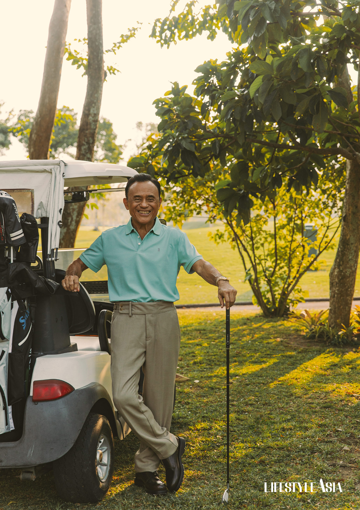 Sea green polo shirt and beige trousers, BENJAMIN BARKER; Single monk strap shoes, KLEMAN; All available at RUSTAN’S Makati.