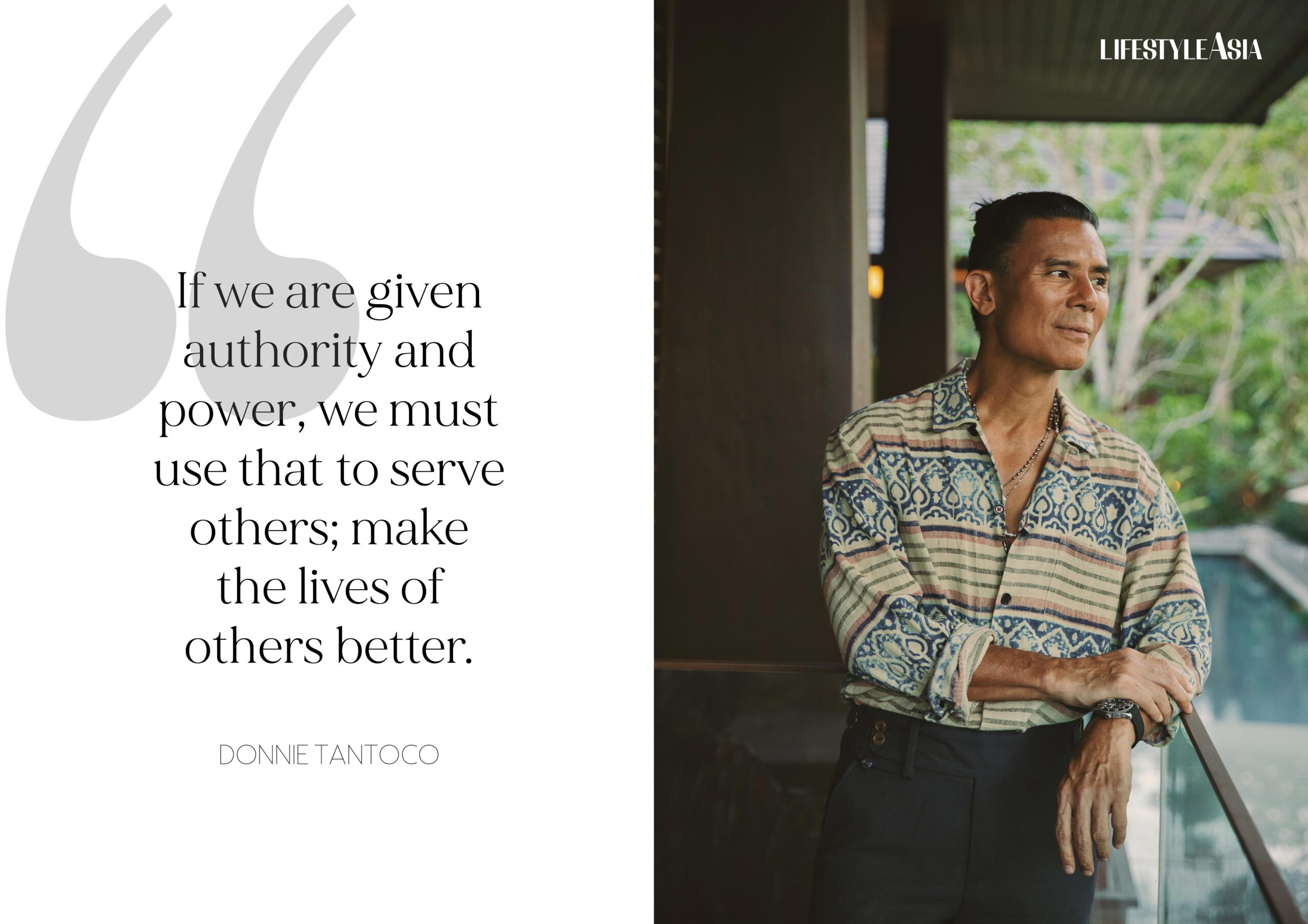 Block print shirt, KARDO; Navy wool trousers, BENJAMIN BARKER; Silver necklace, JOHN HARDY; Brown laceup shoes, KLEMAN; All available at RUSTAN’S Makati