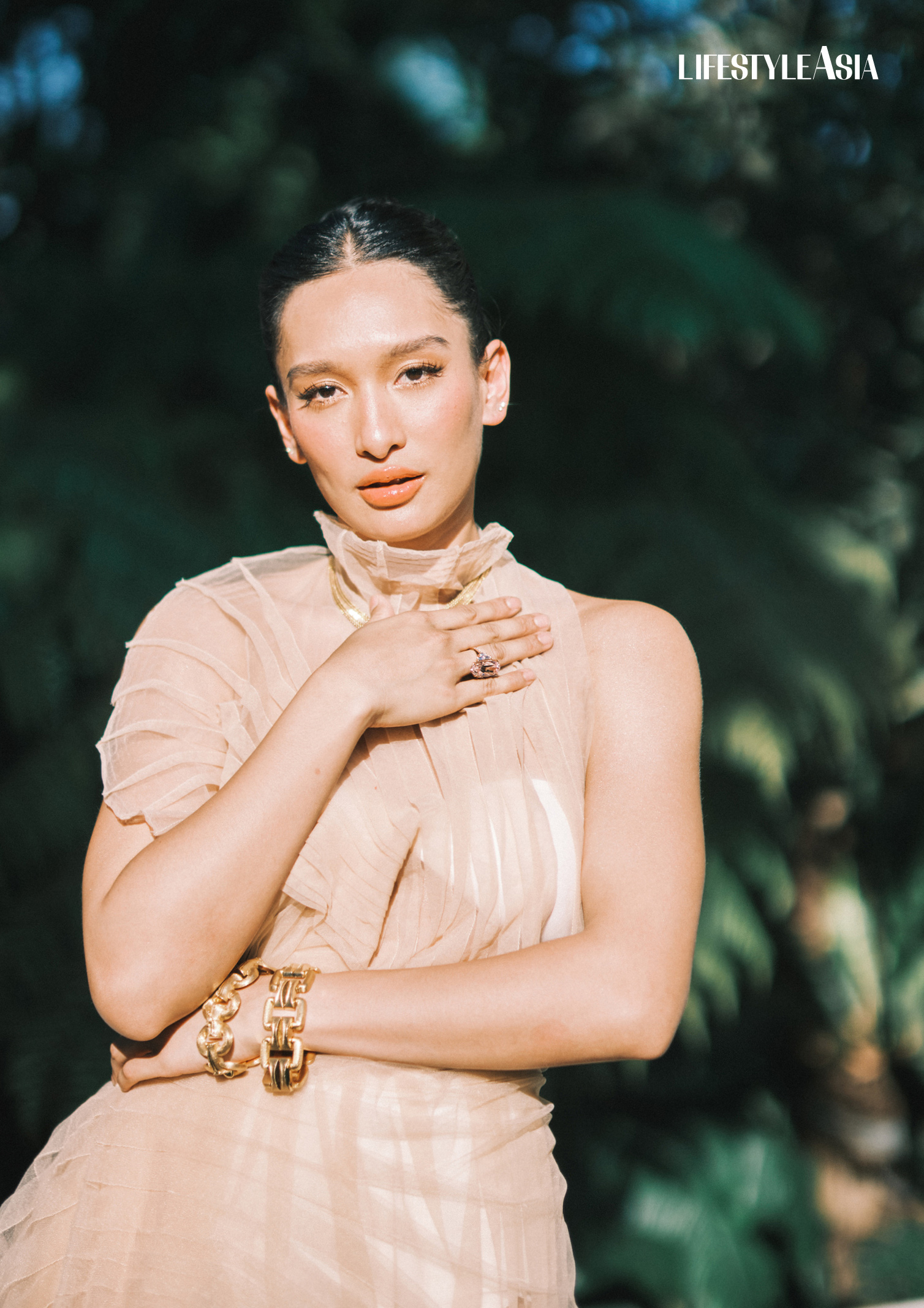 RIGHT: Nude tulle pleated dress, RAJO LAUREL; Vintage gold ribbon necklace, JUL B DIZON JEWELLERY; Vintage gold chunky bracelets, RIQUEZA