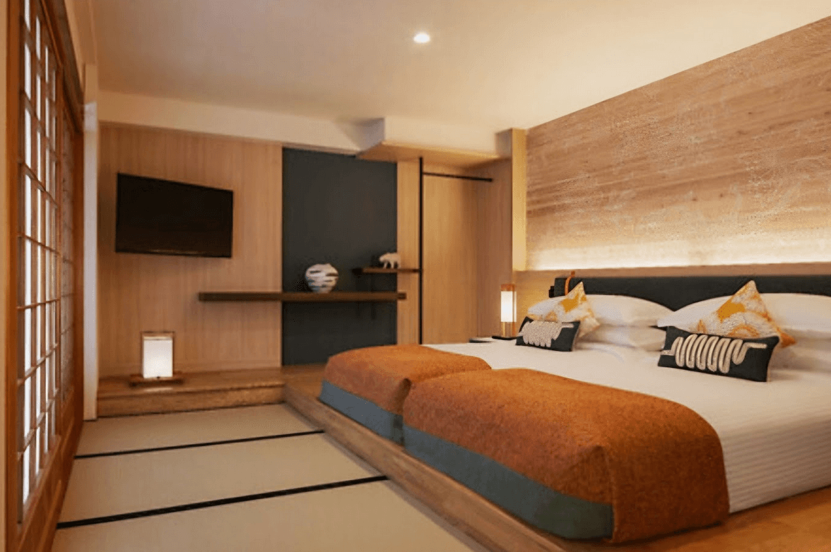 TOP LEFT:  Dining with a view; TOP RIGHT: A family tatami room; BOTTOM LEFT: Another room in Club Med Kiroro Grand; BOTTOM RIGHT: Rotenburo outdoor hot tub