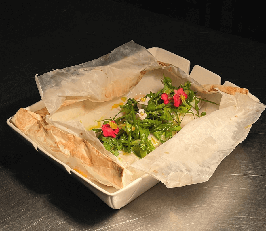 TOP (L-R): Chili Crab Somen and Paper Cooked Halibut