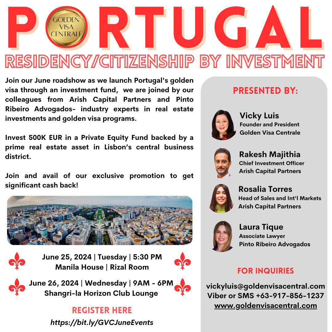 Obtain Portugal's Golden Visa through Golden Visa Centrale's upcoming June 2024 roadshow featuring industry experts