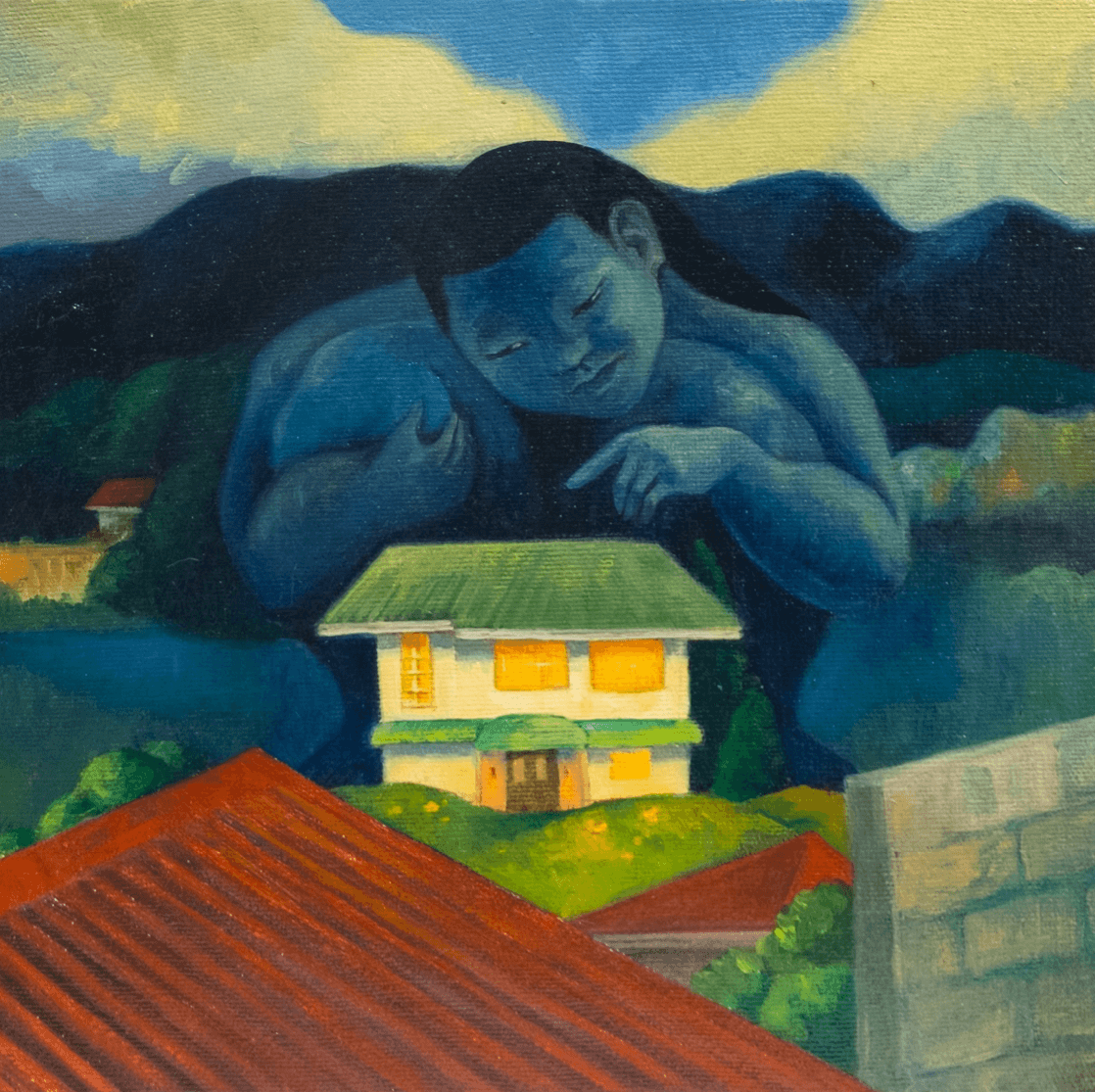 Works of returning artists from last year’s MoCAF Discoveries. TOP LEFT: Oil portrait by Gelo Montiero. TOP RIGHT: “Talkin’ Nonsense” by Bea Fernandez. BOTTOM LEFT: “Stellar” by Michael Ramos. BOTTOM RIGHT: “Old Homes” by Carla Gamalinda.